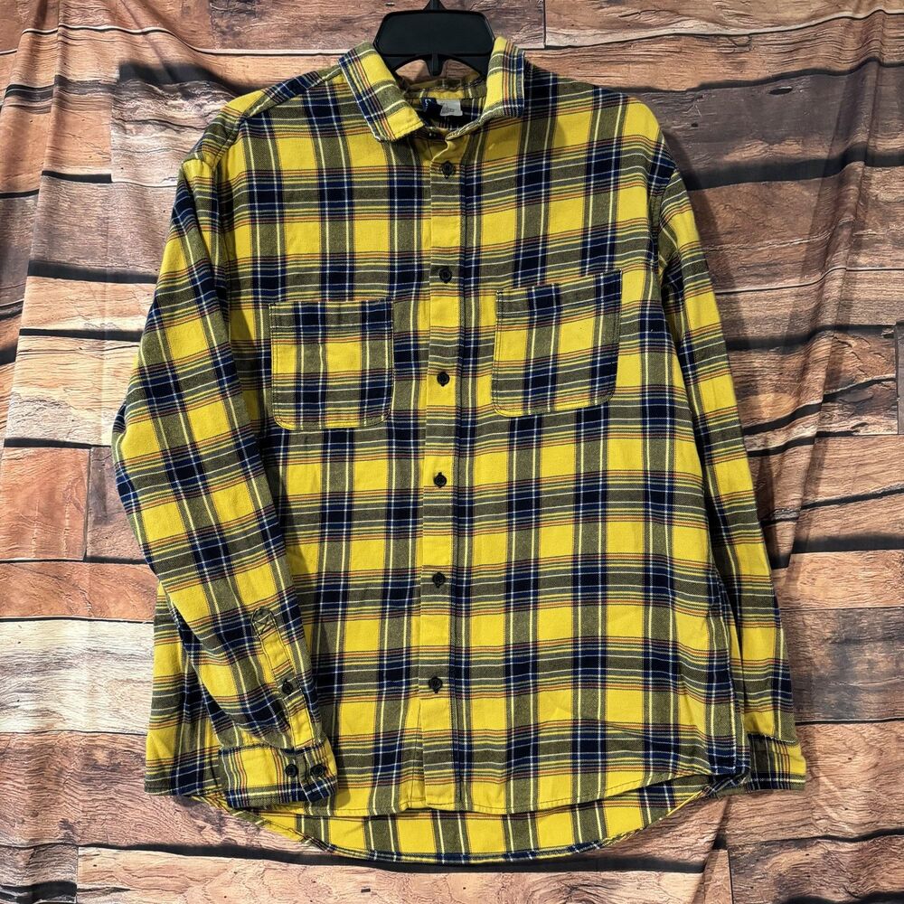 H&M Divided Men's Size L Yellow Blue Plaid Flannel Long Sleeve Button Shirt